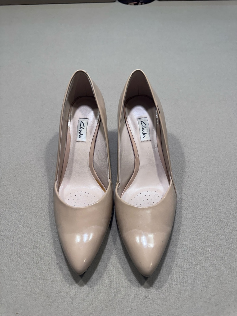 Clarks Nude Patent Leather Pointed Toe Pumps